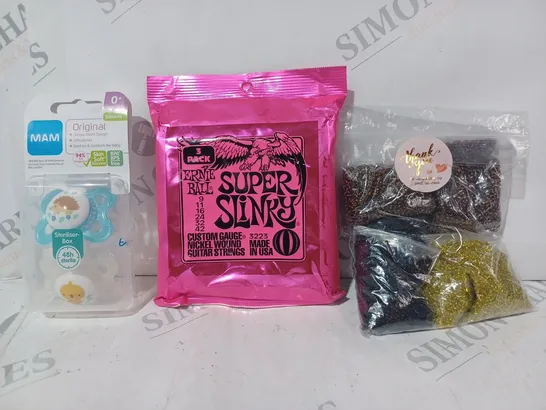 APPROXIMATELY 15 ASSORTED HOUSEHOLD ITEMS TO INCLUDE ERNIE BALL SUPER SLINKY GUITAR STRINGS, NAM SILICONE SOOTHERS, ETC