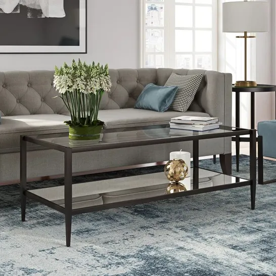 BOXED ANISSA COFFEE TABLE WITH STORAGE IN PAINTED BRASS FINISH WITH CLEAR GLASS AND MIRROR GLASS SHELVES (1 BOX)