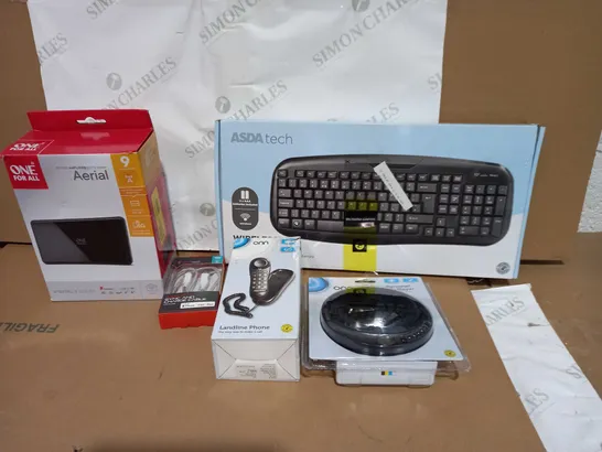 BOX OF APPROXIMATELY 25 ASSORTED ITEMS TO INCLUDE A WIRELESS KEYBOARD, A PERSONAL CD PLAYER AND A LANDLINE