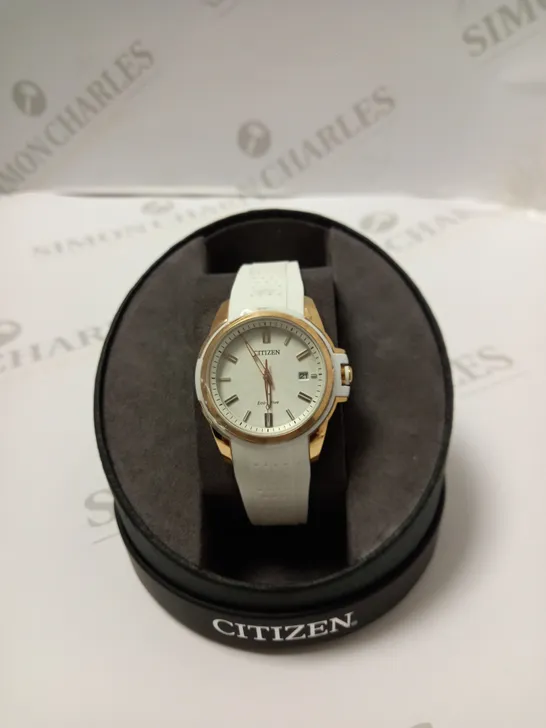 CITIZEN ECO-DRIVE WHITE AND ROSE GOLD WATCH RRP £249