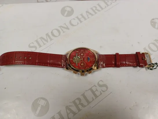 GAMAGES OF LONDON LIMITED EDITION HAND ASSEMBLED MUSE AUTOMATIC ROSE RED WATCH RRP £805