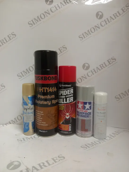 BOX OF APPROX 15 ASSORTED AEROSOLS TO INCLUDE - PESTSHIELD SPIDER KILLER - FINE SURFACE PRIMER - AVENE EAU THERMALE - IMPULSE TEASE ECT