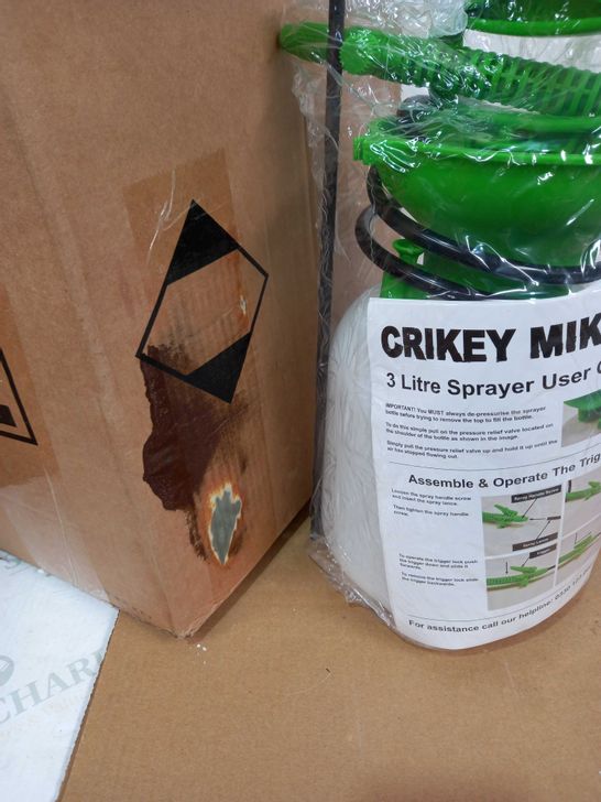 BOX OF CRIKEY MIKEY CLEANING FLUID WITH 3 LITRE SPRAY BOTTLE, HOSE & NOZZLE, AND PROTECTIVE GLOVES AND EYEWEAR
