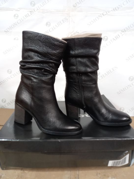 BOXED PAIR OF DUNE "ROSA" SLOUCH HEELED CALF BOOTS IN BLACK LEATHER, UK SIZE 3