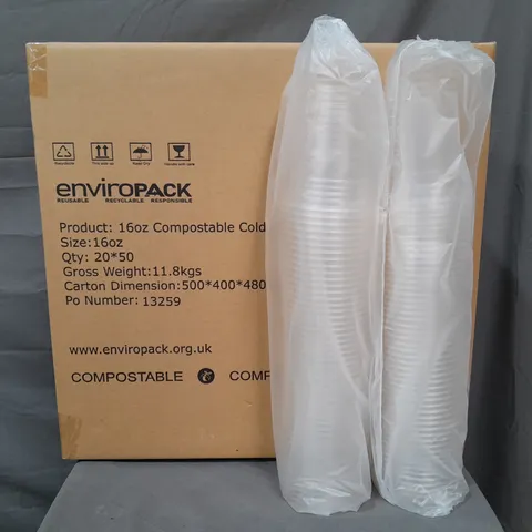 BOX CONTAINING 1000 160Z COMPOSTABLE COLD CUPS - 20 X 50-PACKS