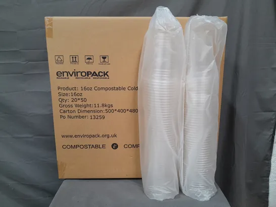 BOX CONTAINING 1000 160Z COMPOSTABLE COLD CUPS - 20 X 50-PACKS