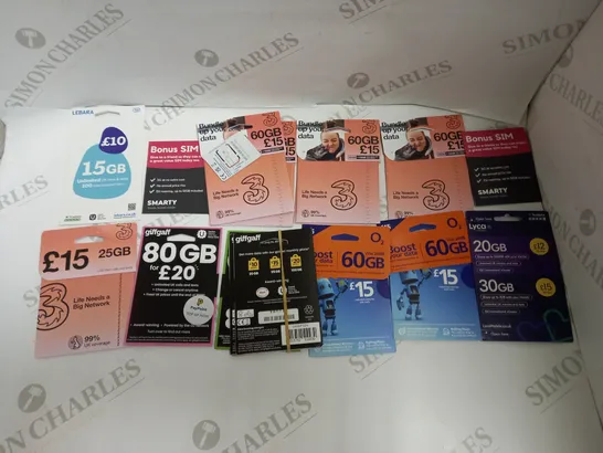 LARGE QUANTITY OF ASSORTED MOBILE TOP UPS AND SIM CARDS FROM PROVIDERS SUCH AS LEBARA, GIFFGAFF, O2, ETC