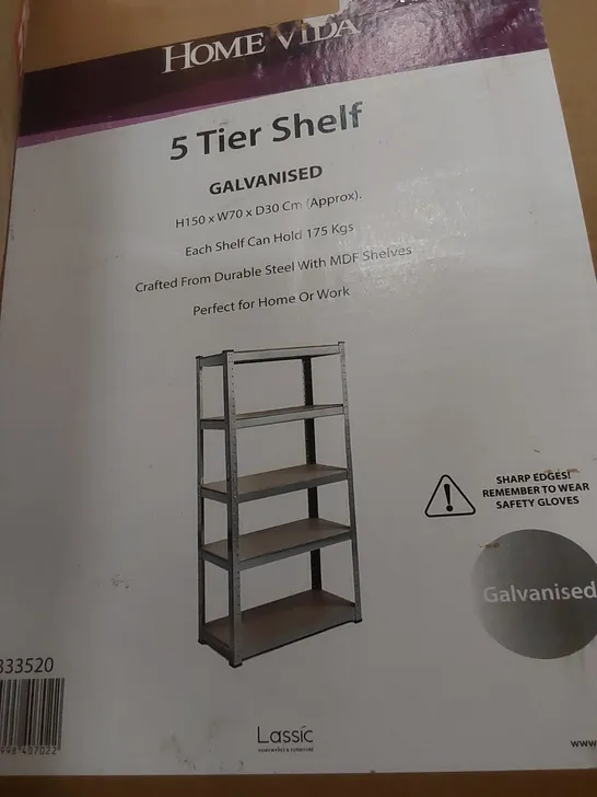 BOXED VIDA 5-TIER SHELF - GALVANISED // SIZE: H 150cm X W 70cm X D 30cm (1 BOX)