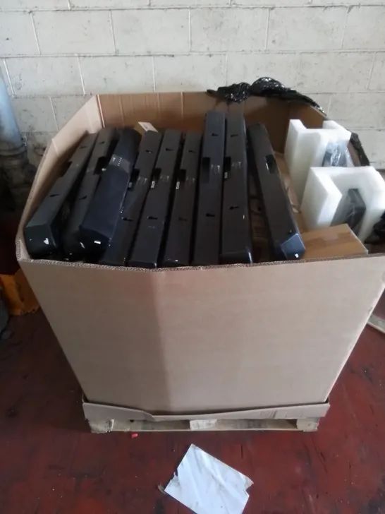 PALLET TO CONTAIN A LARGE QUANTITY OF ELECTRONIC GOODS AND TECH PRODUCTS. INCLUDES A LARGE NUMBER OF SOUND BARS, SPEAKERS, COMPUTER COMPONENTS, DIGITAL PROCESSING VISUALISER, WIRES/CABLES ETC 