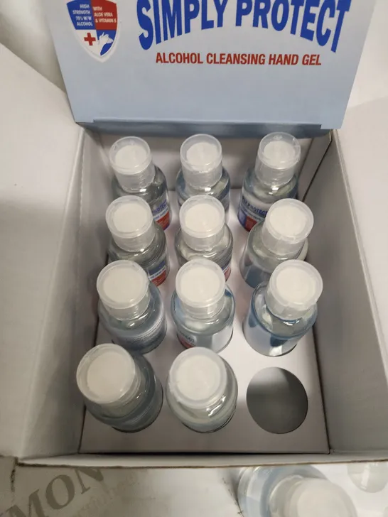 BOX OF APPROXIMATELY 8 BOXES OF 12 SIMPLY PROTECT ALCOHOL CLEANSING HAND GEL 58ML