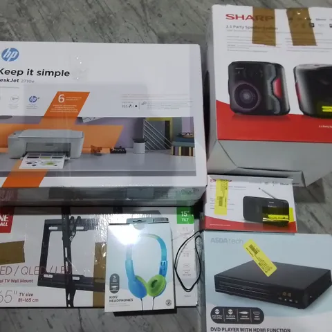 PALLET OF ASSORTED TECH ITEMS TO INCLUDE HP DESKJET PRINTER, SHARP SPEAKERS AND DVD PLAYER
