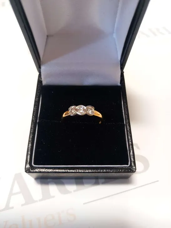 18CT GOLD THREE STONE RING RUB OVER SET WITH NATURAL DIAMONDS