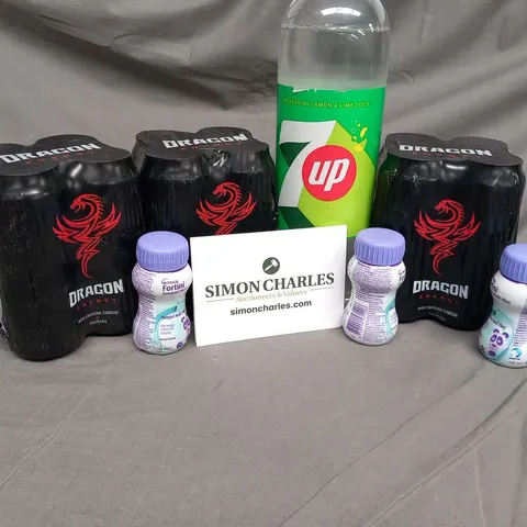 SEVEN ASSORTED DRINK RELATED PRODUCTS TO INCLUDE; 7UP, DRAGON ENERGY AND FORTINI