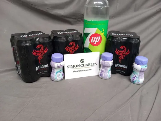 SEVEN ASSORTED DRINK RELATED PRODUCTS TO INCLUDE; 7UP, DRAGON ENERGY AND FORTINI