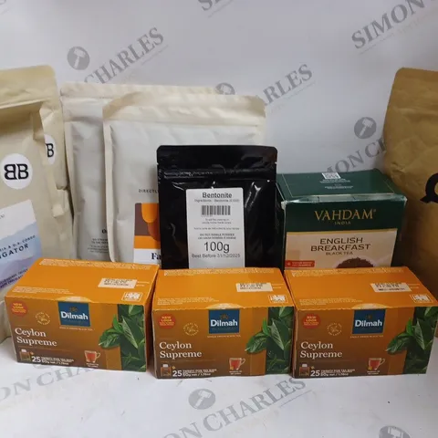 ASSORTMENT OF TEAS AND COFFEES INCLUDING CEYLON SUPREME TEA, BOLD BLEND AND PACT COFFEE AND MORE