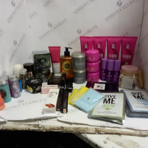 BOX OF ASSORTED COSMETICS TO INCLUDE GIVE ME , LOREAL, MANSCAPED ETC 