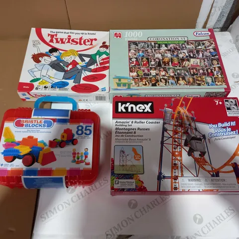 LOT OF APPROX 4 ASSORTED PUZZLES AND BUILDING TOYS TO INCLUDE TWISTER, BRISTLE BLOCKS, K'NEX ETC