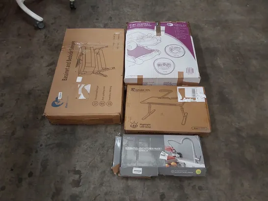 PALLET OF ASSORTED HOUSEHOLD ITEMS AND CONSUMER PRODUCTS TO INCLUDE; BEDSIDE SLEEPER CRIB, KITCHEN FAUCET, LAPTOP STAND, BABY WALKER, BOXED FURNITURE ETC 