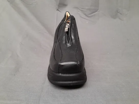 BOXED PAIR OF AUROCHS PLATFORM WEDGE SHOES IN BLACK EU SIZE 36