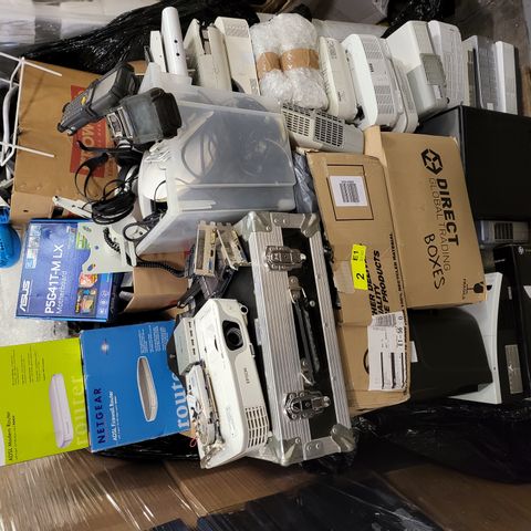 PALLET OF A SIGNIFICANT QUANTITY OF ASSORTED COMPUTER COMPONENTS TO INCLUDE ROUTERS, GRAPHICS CARDS, MOTHERBOARDS, PROJECTORS, BARCODE SCANNERS, PRINTERS, COMPUTER CASES, ETC