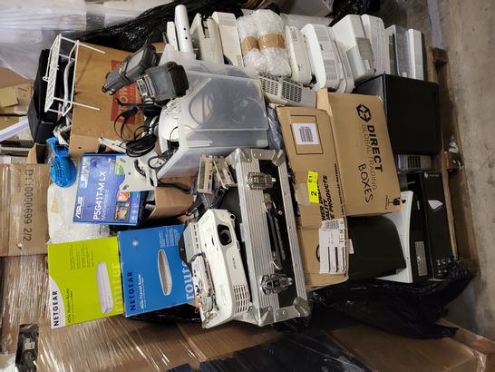 PALLET OF A SIGNIFICANT QUANTITY OF ASSORTED COMPUTER COMPONENTS TO INCLUDE ROUTERS, GRAPHICS CARDS, MOTHERBOARDS, PROJECTORS, BARCODE SCANNERS, PRINTERS, COMPUTER CASES, ETC