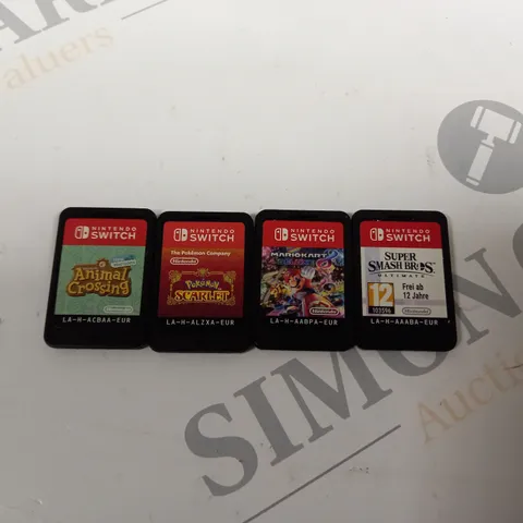 4 X ASSORTED LOOSE NINTENDO SWITCH GAMES TO INCLUDE ANIMAL CROSSING, SUPER SMASH BROS, POKEMON SCARLET ETC 