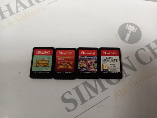 4 X ASSORTED LOOSE NINTENDO SWITCH GAMES TO INCLUDE ANIMAL CROSSING, SUPER SMASH BROS, POKEMON SCARLET ETC 