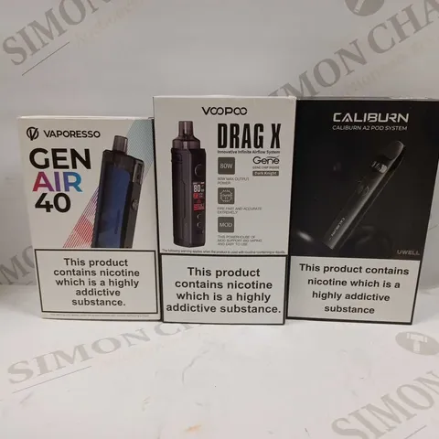 LOT OF APPROXIMATELY 30 ASSORTED E-CIGARETTES AND LIQUIDS TO INCLUDE UWELL CALIBURN A2 POD SYSTEM, VOOPOO DRAG X, VAPORESSO GEN AIR 40, ETC