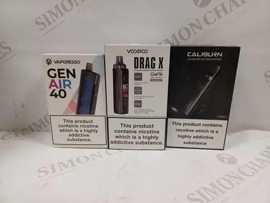 LOT OF APPROXIMATELY 30 ASSORTED E-CIGARETTES AND LIQUIDS TO INCLUDE UWELL CALIBURN A2 POD SYSTEM, VOOPOO DRAG X, VAPORESSO GEN AIR 40, ETC