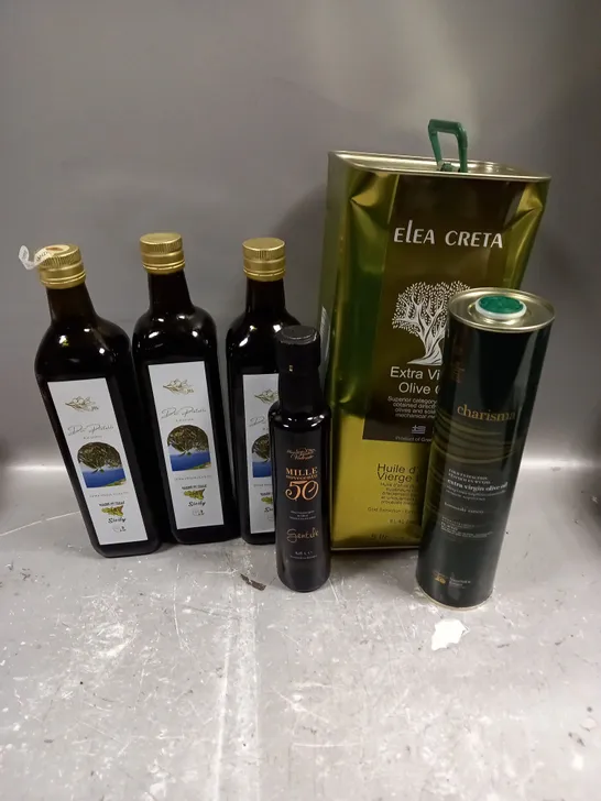 APPROXIMATELY 5 ASSORTED FOOD & DRINK ITEMS TO INCLUDE - DON PRATELLI EXTRA VIRGIN OLIVE OIL - ELEA CRETA EXTRA VIRGIN OLIVE OIL - CHARISMA EXTRA VIRGIN OLIVE OIL - ETC - COLLECTION ONLY