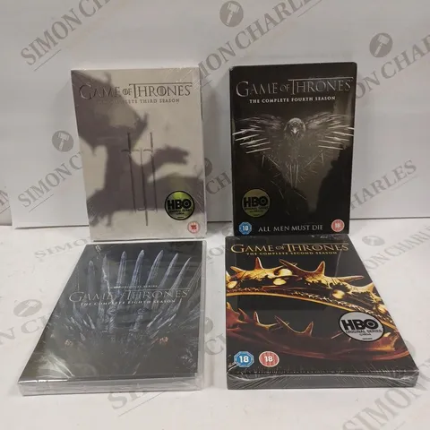 BOX TO CONTAIN 4 X SEALED GAME OF THRONES DVD'S. INCLUDES COMPLETE SEASONS 2, 3, 4, AND 8.