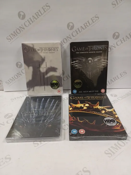 BOX TO CONTAIN 4 X SEALED GAME OF THRONES DVD'S. INCLUDES COMPLETE SEASONS 2, 3, 4, AND 8.