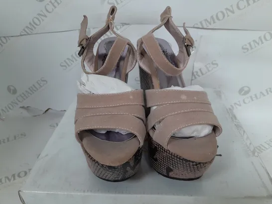 BOXED PAIR OF KRUSH OPEN TOE STRAP PLATFORM SHOES IN MINK - SIZE 3