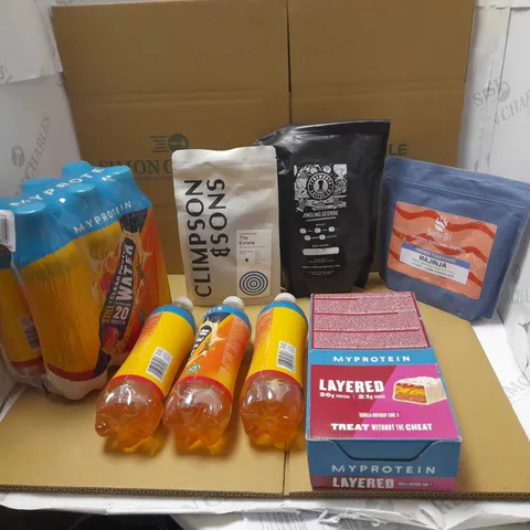 BOX OF ASSORTED FOOD AND DRINKS ITEMS TO INCLUDE MY PROTEIN, CLEAR PROTEIN WATER AND COFFEES 