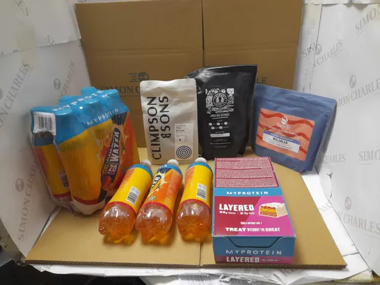 BOX OF ASSORTED FOOD AND DRINKS ITEMS TO INCLUDE MY PROTEIN, CLEAR PROTEIN WATER AND COFFEES 