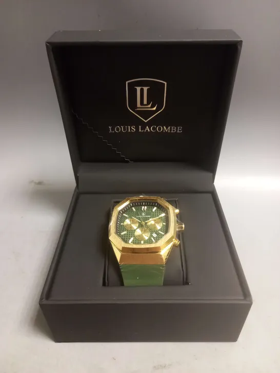 BOXED LOUIS LACOMBE SILICONE WRIST WATCH IN GOLD/GREEN