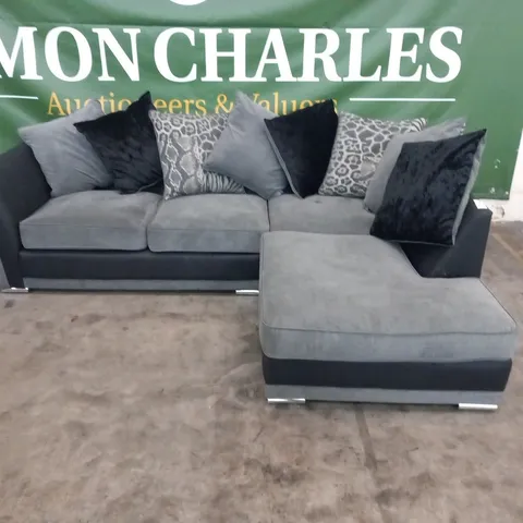 DESIGNER HILTON GRACELANDS GRAPHITE FABRIC AND VIPER BLACK SUEDE EFFECT FABRIC CORNER SOFA WITH SCATTER CUSHIONS AND STYLISH CHROME FEET