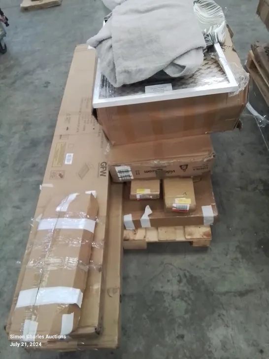 PALLET OF ASSORTED BEDROOM AND HOUSE FURNITURE PARTS ETC.