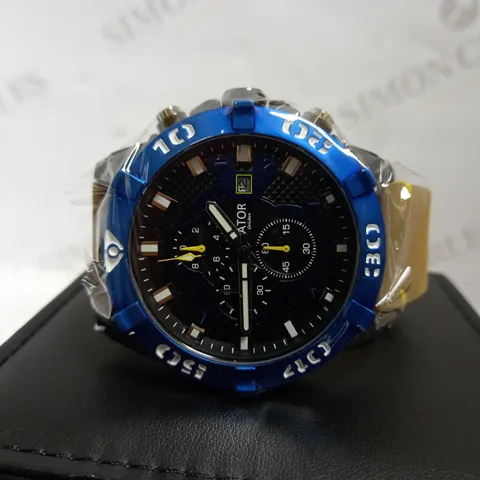 LATOR CALIBRE BLUE & YELLOW DIAL SUEDE LEATHER STRAP WATCH