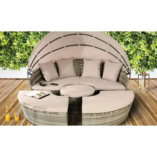 BOXED STACEY 148CM WIDE OUTDOOR CIRCULAR GARDEN DAYBED WITH CUSHIONS - GREY (3 BOXES)