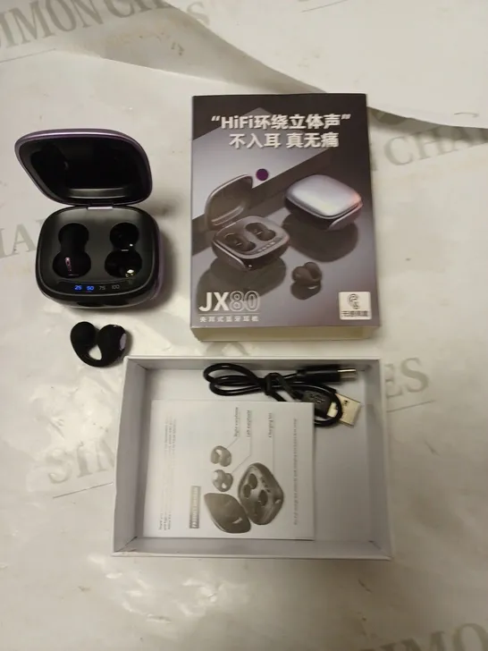 BOXED JX-80 TRUE WIRELESS STEREO EARPHONES WITH CHARGING DOCK, USB CABLE AND MANUAL