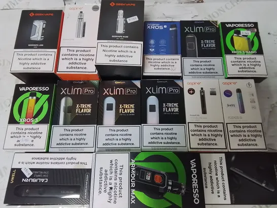 LOT OF ASSORTED E-CIGS AND PARTS TO INCLUDE VAPORESSO, GEEKVAPE AND ASPIRE