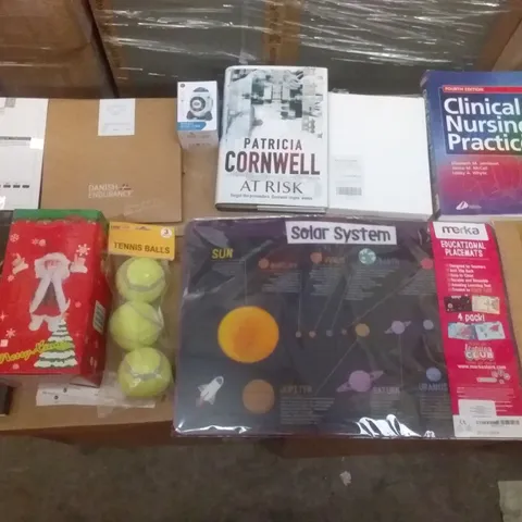 PALLET OF ASSORTED ITEMS INCLUDING GOLDAGE CHOPSTICKS, TENNIS BALLS, SOLAR SYSTEM PLACEMAT, ROCKET HAND GAME, CLINICAL NURSING PRACTICES BOOK, SCREEN PROTECTOR 