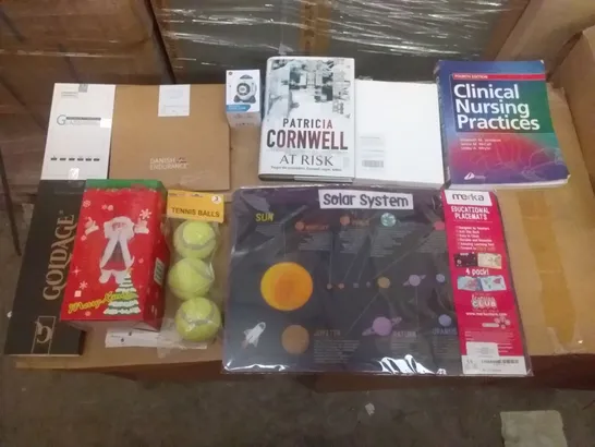 PALLET OF ASSORTED ITEMS INCLUDING GOLDAGE CHOPSTICKS, TENNIS BALLS, SOLAR SYSTEM PLACEMAT, ROCKET HAND GAME, CLINICAL NURSING PRACTICES BOOK, SCREEN PROTECTOR 