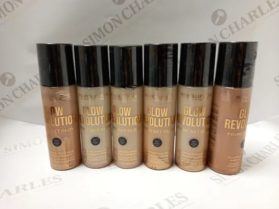 LOT OF APPROX 6 X 200ML ASSORTED REVOLUTION PRIME SET GLOW ILLUMINATING FACE AND BODY SPRAY 