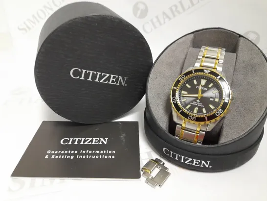 CITIZEN PROMASTER BLACK DIAL STAINLESS STEEL WATCH WITH LINK FASTENING DETAIL RRP £329