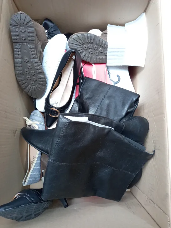 BOX OF APPROX 10 PAIRS OF ASSORTED WOMENS SHOES IN VARIOUS COLOURS, STYLES AND SIZES