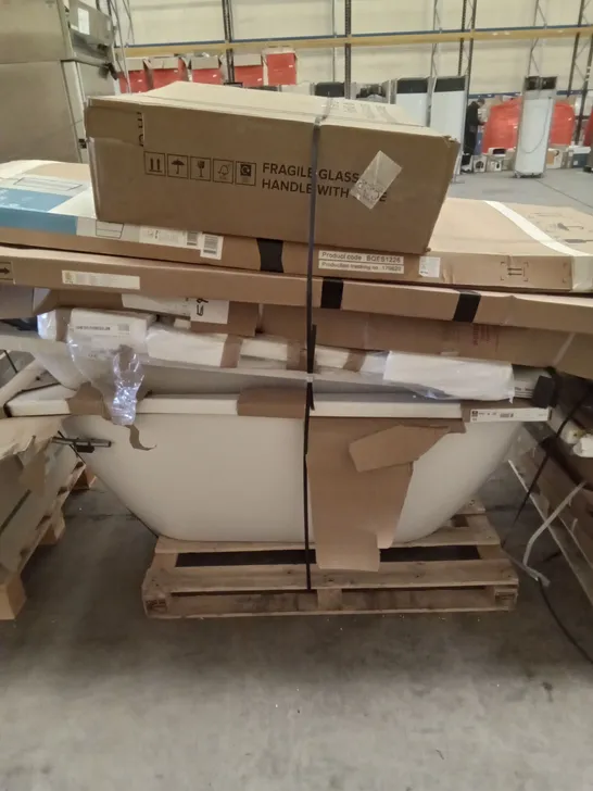 PALLET OF ASSORTED BATHROOM ITEMS INCLUDING BATHS, SHOWER DOORS AND SIDES 