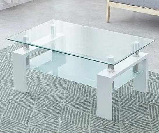 BOXED TEMPERED GLASS COFFEE TABLE WITH SHELF RECTANGLE WHITE WOOD LEGS