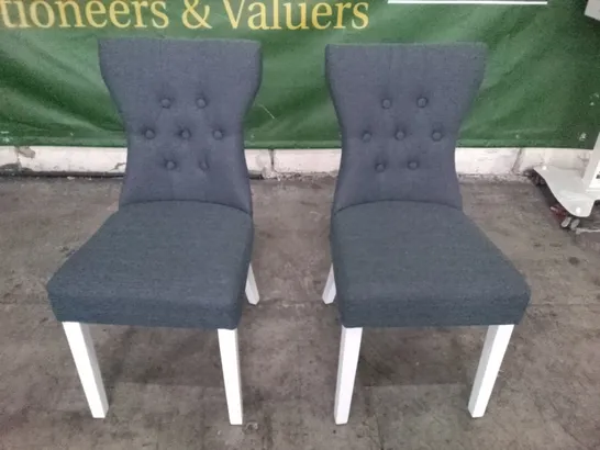 SET OF 2 NEW DESIGNER BEWLEY SLATE FABRIC BUTTON BACK DINING CHAIRS (WHITE LEG)